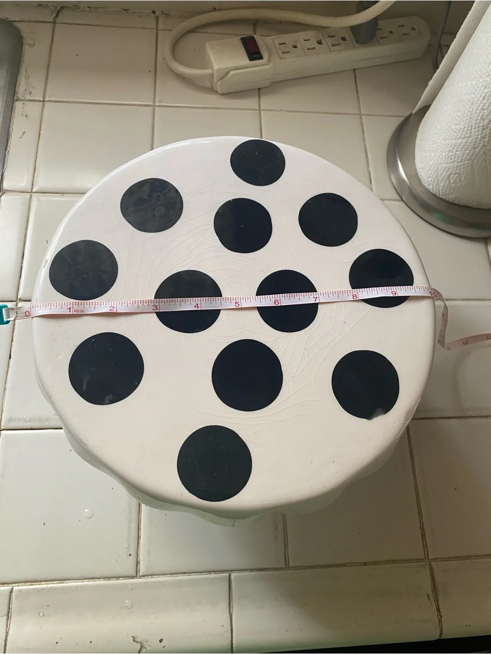 10” White Ceramic Cake Stand with Black Polka Dots and Striped Pedestal